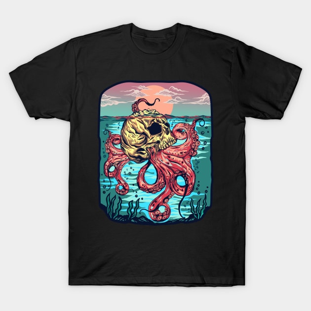 Sunrise Octopus Skull T-Shirt by pilipsjanuariusDesign